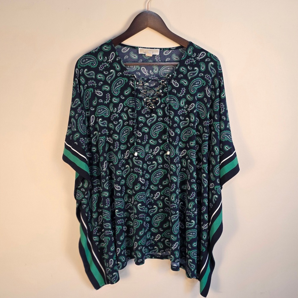 Michael Kors Paisley Lace Up Poncho Top Green Navy Blue Large Striped Blouse